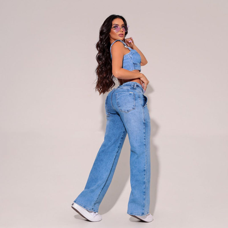 Calça Jeans Modeladora Wide Leg Com Elastano e Cinto - BE3092C