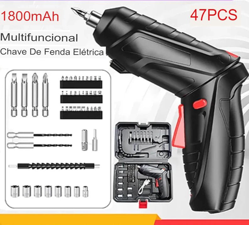 Kit com Chave de fenda elétrica sem fio com bateria de lítio recarregável Mini furadeira 3.6V + 47 peças e Chaves