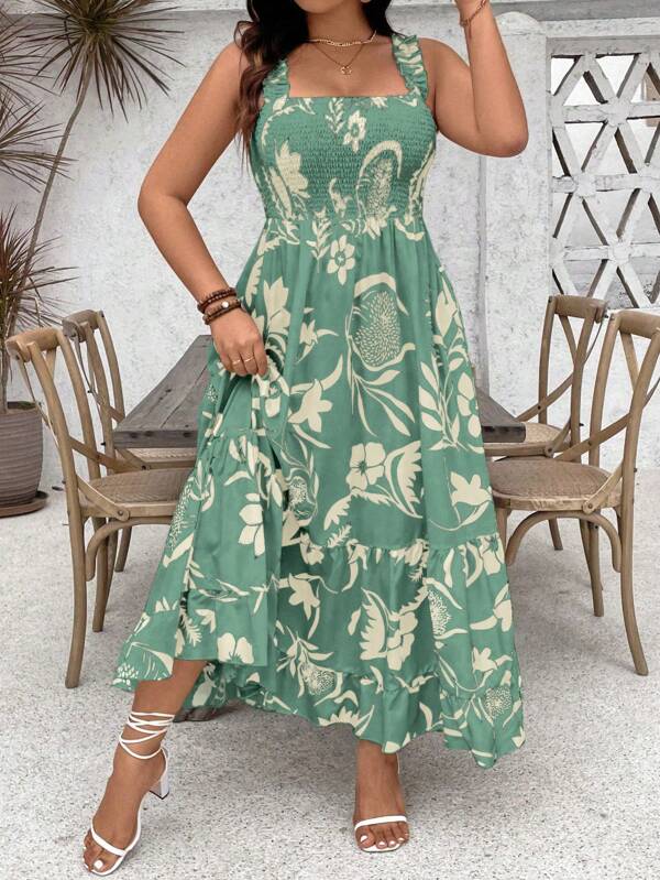 Vestido Feminino Evasê Plus Size Floral com Alças Grossas e Babado na Barra - Estilo Boho