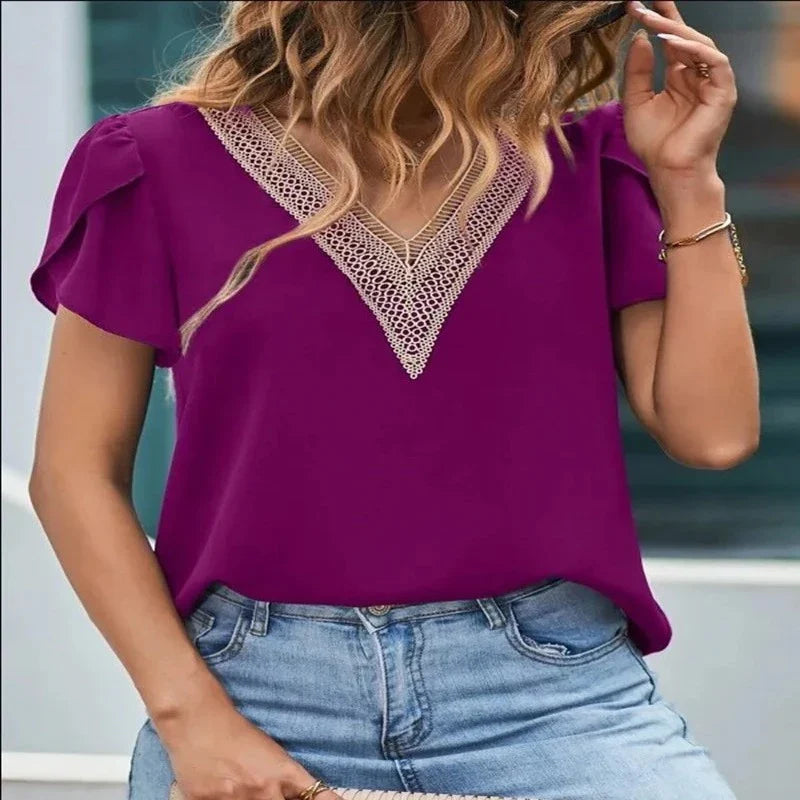 Blusa Feminina Manga Curta com Renda Posh