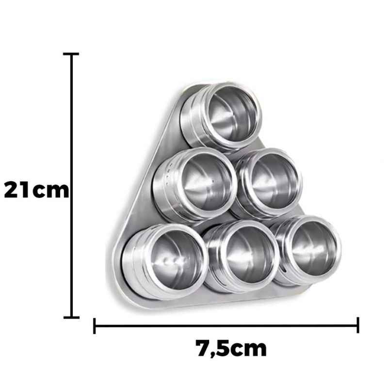 Porta Temperos e Condimentos em Inox - 6 Potes Magnéticos