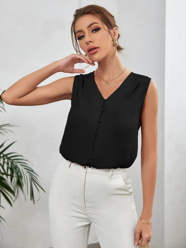 Blusa Feminina Botões Gola em V Rosa e Preto